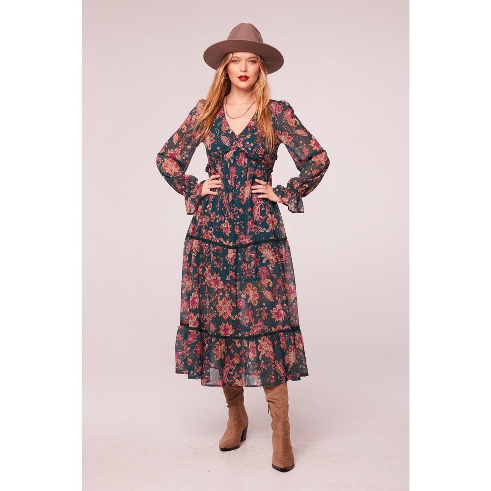 Band Of The Free Tiered Ruffle Midi Dress M Paisley Pine Chiffon Peasant Cowgirl